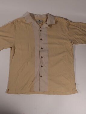 Beige Two-Tone Short Sleeve Button down Collared Shirt 100% Silk Size XL